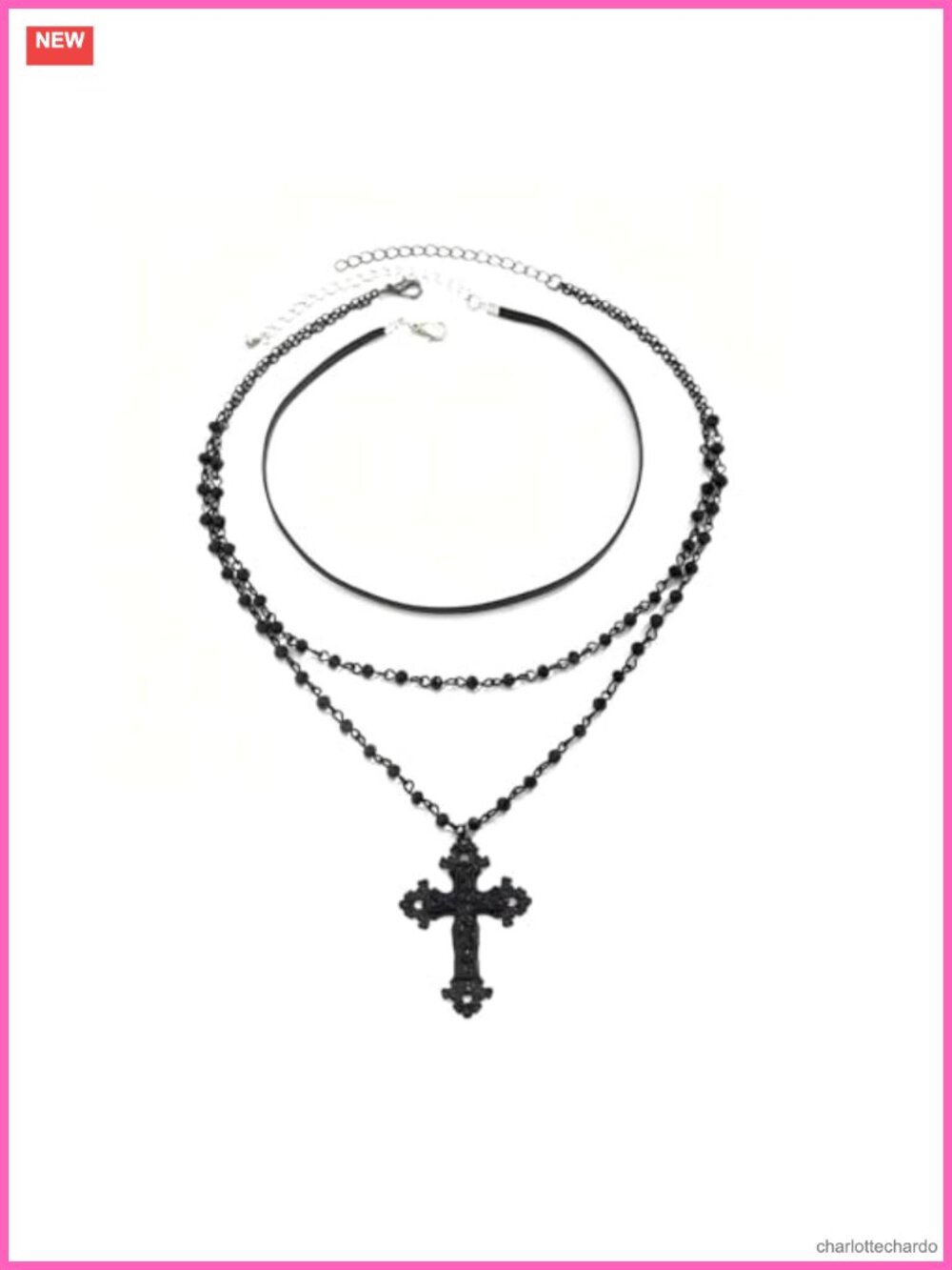 Gothic Layered Cross Choker Necklace Women Black Beaded Pendant Punk